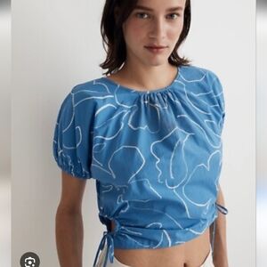Madewell Blue Floral Poplin Blouse with Drawstring